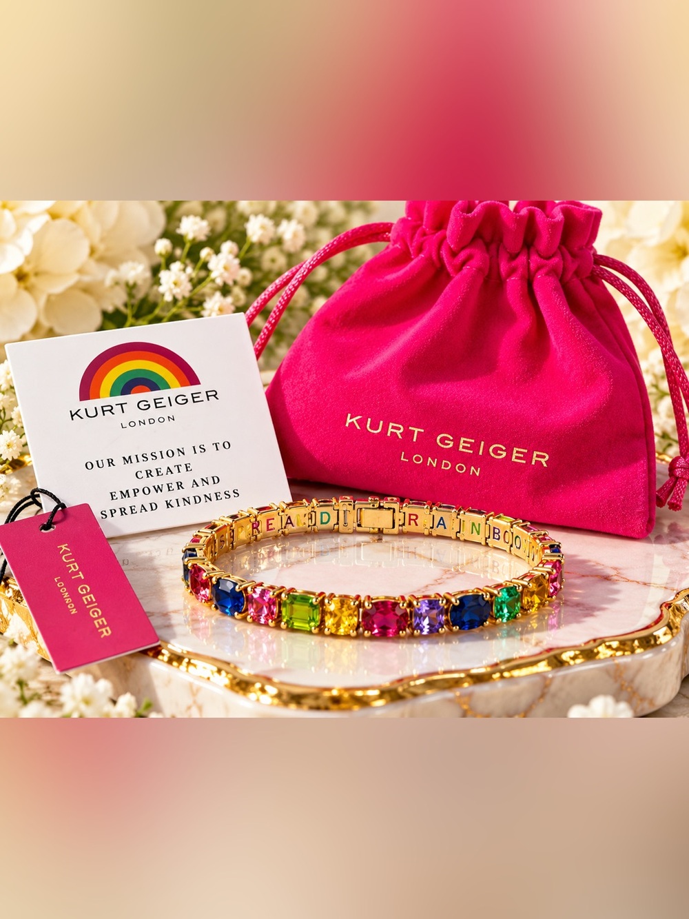 NWT Kurt Geiger Rainbow Crystal Tennis Bracelet Gold Tone $128